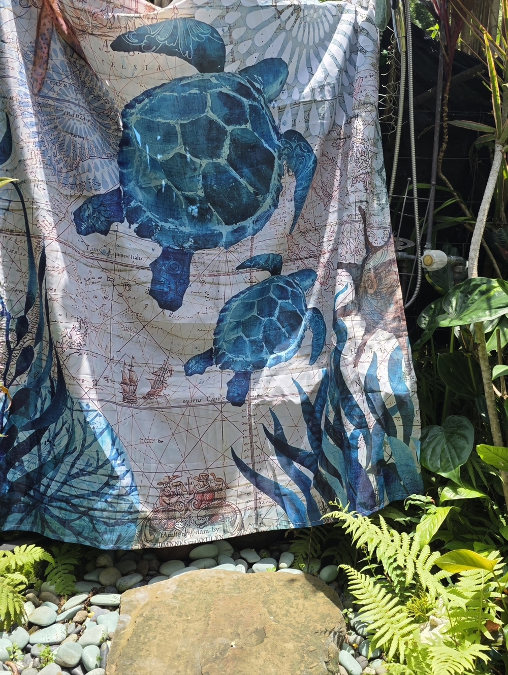 NWOT Blue Sea Turtle Shower Curtain with Nautical Map Print